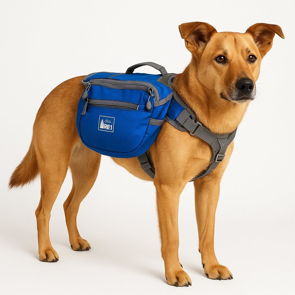 REI Dog Hiking Pack Nylon Saddlebag Harness Small Blue Gray Reflective Trim